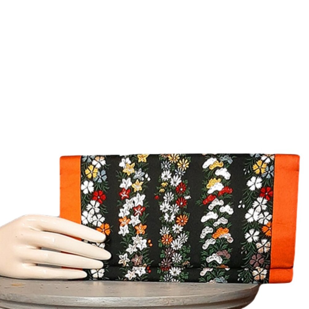 1960s Vintage Orange And Black Fabric Clutch Bag With Oriental Look Designs